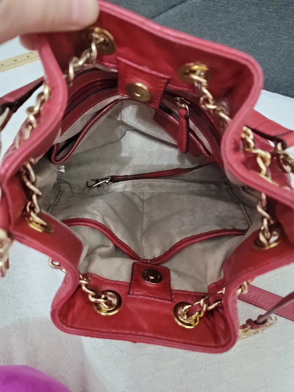 Michael Kors Red Quilted Leather Drawstring Shoulder Bag with Gold Chain